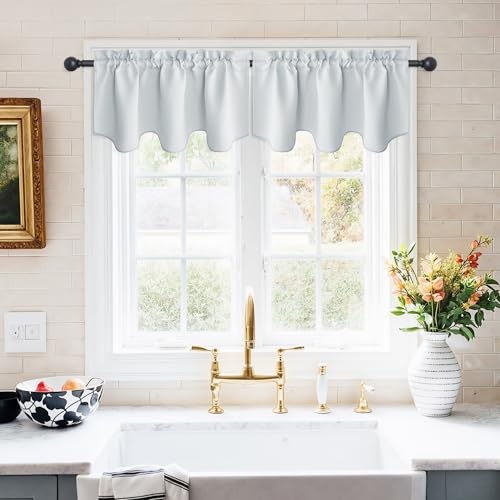 NICETOWN Kitchen Valance Room Darkening Solid Rod Pocket Window Treatments Small Curtain Valance for Bathroom Windows, 42x18 inch Long, 1 Pair, Greyis