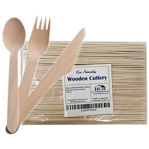HUJI Disposable Wooden Cutlery Set | All Natural 100% Eco-Friendly Biodegradable Compostable | 50 Spoons 50 Forks 50 Knives | For Birthday Party Events Holiday Family Gathering Camping BBQ Picnics