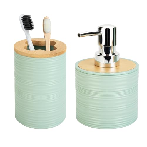2 PCS Sage Green Bathroom Accessories Set, Soap Dispenser and Toothbrush Holder Set, Plastics & Bamboo Bathroom Set, Bohemian Style Bathroom Sink Set