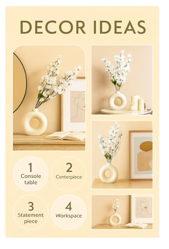 Image of SPHINX Ceramic Vase with Artificial Flowers| Flower Vase Pot for Home Decor,Living Room,Dining Table & Office|Modern for Decoration, (Donut with 1 Cherry Blossom Assorted White OR Yellow)