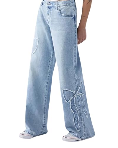 CORIRESHA Women's Cute Bow Jeans Straight Leg Casual Baggy Y2K Denim Pants