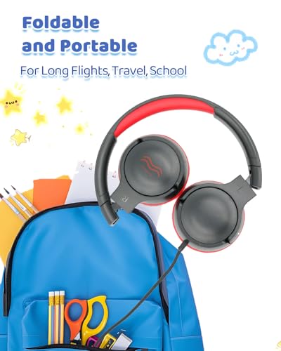 Image of Wired Kids Headphones with Mic, Foldable, Volume Control Safe Listening(85 /94dB), 3.5mm Jack on-Ear Headset for Chilren /Teens /School /Travel /Plane /Ipad /Tablet /Laptop,Black-Red