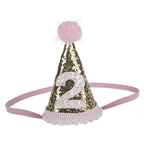 ACTLATI Cute Baby 2nd Birthday Party Hair Band Glitter Crown Elastic Headwear Ball Cone Headband Pink