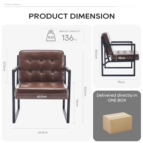COLAMY Ohrensessel Sessel Wohnzimmer, Leder Accent Chair, Mid Century Modern Kunstleder Empfangssessel mit Metallbeinen für Wohnzimmer Schlafzimmer Empfangsraum Wartezimmer, Braun