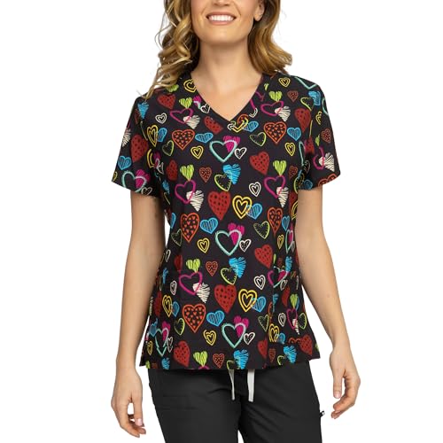 B-well Isabella - Blusa de uniforme médico con estampado, con spandex, mangas cortas y cuello en V, XXL