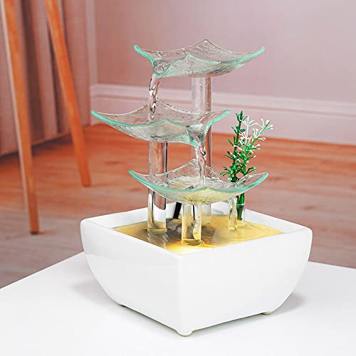 Ceramic and Glass Tabletop Fountain for Indoor and Home Decoration Table Desk Office Patio White