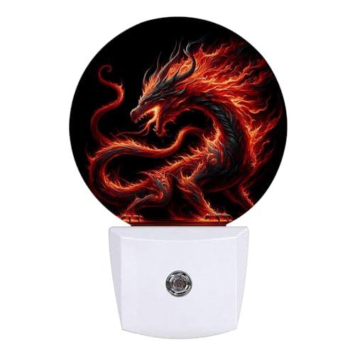 Image of Red Dragon Night Light LED Lamp Round Plug into Wall Nightlight with Dusk to Dawn Sensor Home Hallway Stairway Kitchen Decor