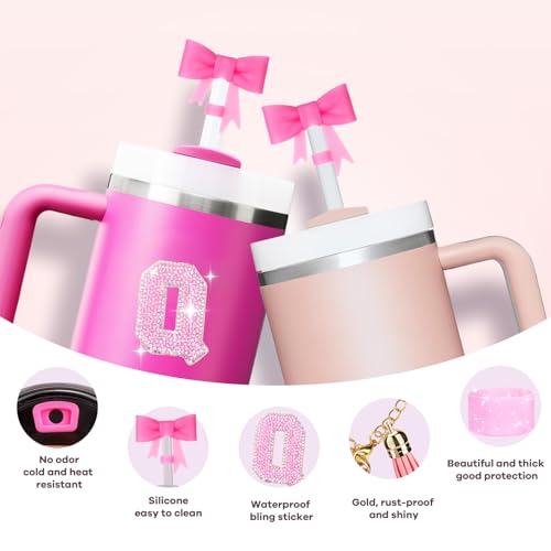 Image of Mity rain 6PCS Pink Cup Accessories for Stanley Cup 30oz 40oz - Tumbler Initials Decoration for Stanley, Including Silicone Straw Cover Cap and Boot, Spill Proof Stopper,Handle Charm, Sticker,Letter Q