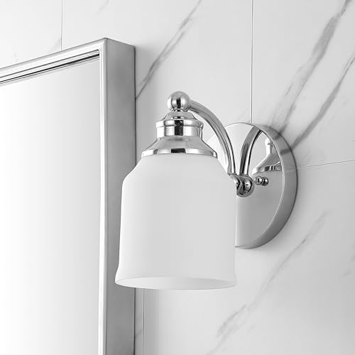 Image of JONATHAN Y 7.5 inch Chrome Modern Farmhouse LED Vanity Light Wall Sconce Fixture, Frosted White Glass Shade, Dimmable Wall Lamp for Bathroom Mirror Kitchen Sink, UL Listed JYL7549A