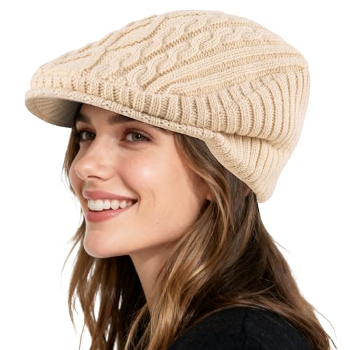 Teqihat Women Winter Warm Knit Hat for Men Wool Snow Ski Caps with Visor Warm Fleece Lined Hat Soft Beanie Cap