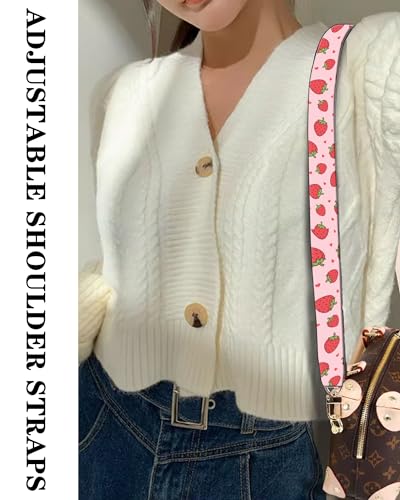 Image of Purse Straps Rose Gold Buckles Wide Shoulder Strap,Fashion Adjustable Replacement Belt for Crossbody Canvas Bag Handbag(cute strawberry)