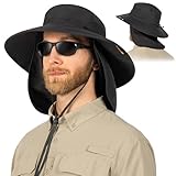 SUN CUBE Fishing Hat Sun Hat for Men, Women, Hiking Sun Hat with Neck Flap, Wide Brim, Chin Strap, Safari Summer Bucket Boonie Hat, UPF 50+ Outdoor Protection, Packable Breathable Mesh (Black)