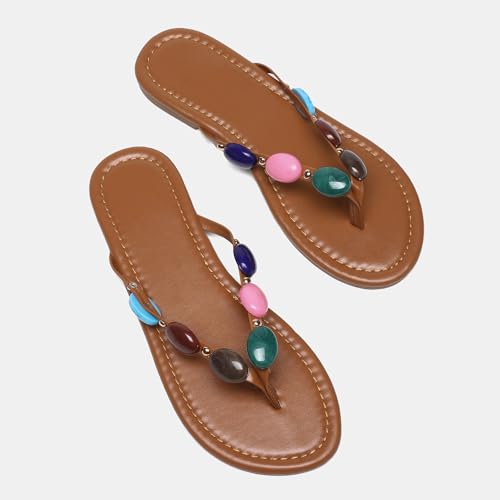 Women Jewelled Thong Strap Open Round Toe Flip Flops Comfy Slip on Flats Sandals Casual Summer Beach Slippers4