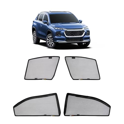 Image of Amazon Basics Side Window Sun Shade for Maruti Suzuki Grand Vitara (2022 Onwards) - Front Half Cut + Rear Zipper | Custom-Fit Magnetic Car Curtains | Black | Pack of 4 Pcs | Cotton Mesh
