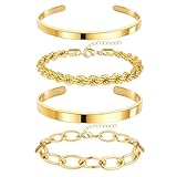 Gokeey Chunky Gold Bracelets for Women Non Tarnish, 14K Gold Plated Bangle Cuff Bracelets Satck for Women Trendy Dainty Layered Link Bracelet Paperclip Chain Twist Chain Pack for Jewelry Gifts