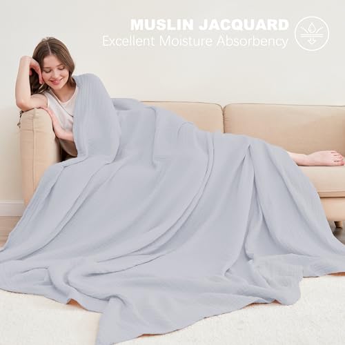 Image of Cosy Family 6 Layer Muslin Bed Blanket - Breathable and Lightweight Gauze Boho Blanket for Spring, Soft 100% Cotton Muslin Blanket, Slate, 55x80 Inches