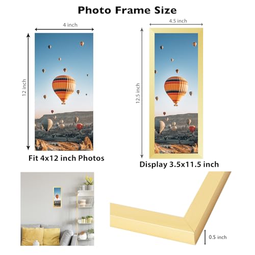 Image of JCJMY 4x12 Picture Frame Gold for Wall Hanging or Tabletop, Wall Mounting Horizontally or Vertically, 4 x 12 Wall Gallery Poster Photo Frame with Shatter Resistant Plexiglass, Gold