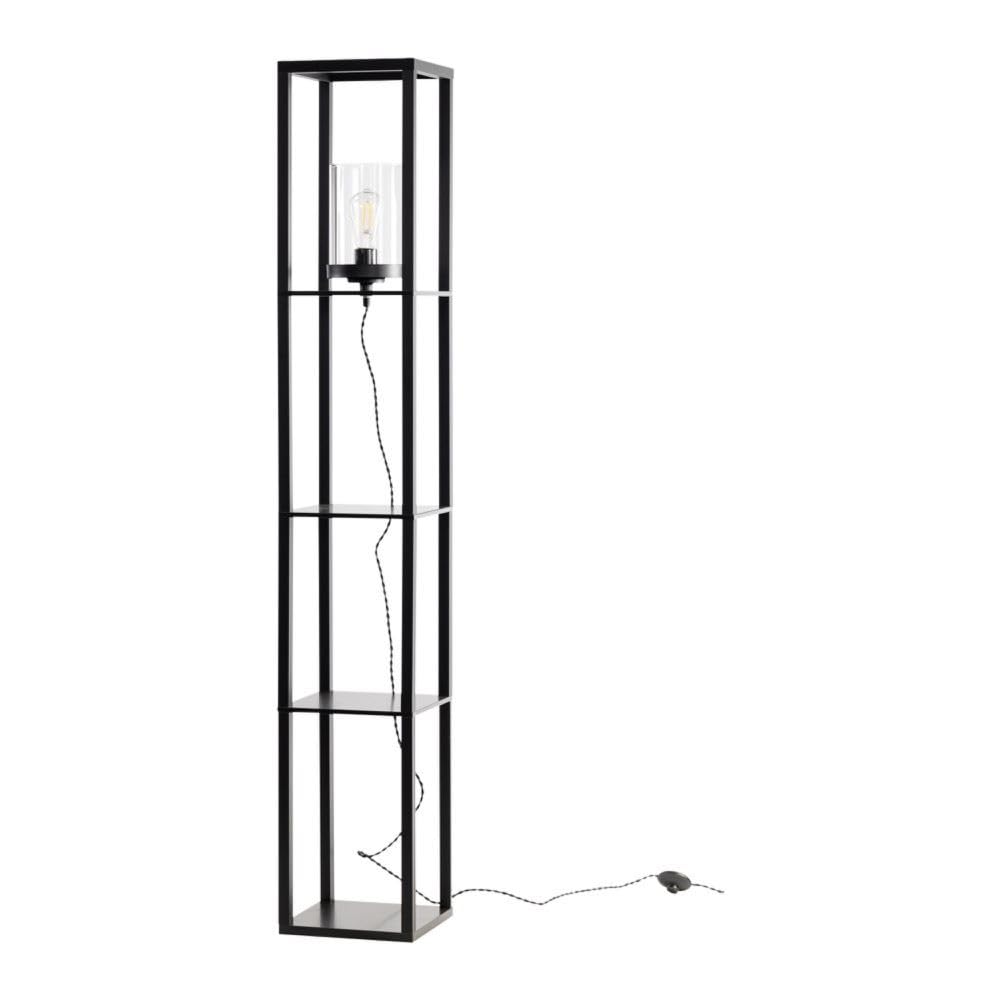 Firstchoicelighting Black & Clear Black Shelved Unit Floor Lamp, Standing Light With Shelves, Glass Shade, Height 160Cm