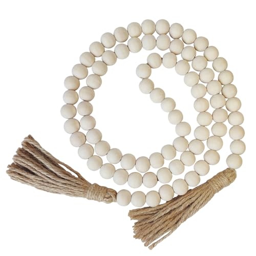 Boho Decor Wood Beads Garland Farmhouse Wall Hanging Decorations Natural Wooden Bead Tassel Decorative for Coffee Table Christmas and Prayer (Nature 58)