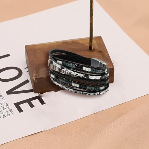 Image of THE MEN THING Leather Bracelet for Men - American Style Genuine Leather Multi-Layer Braided Bracelet with 100% Stainless Steel Magnetic Buckle for Men & Boys (8 inch)