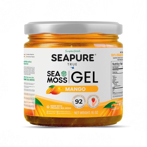 SEAPURE Wildcrafted Irish Natural Superfood Sea Moss Gel, 100% Organic, Gluten Free, Rich in Minerals - Mango Flavor, 16 oz, Made in USA