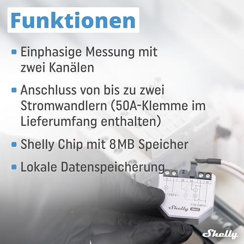 Shelly EM Gen3 + 50А Clamp, WLAN-gesteuert Smart Energiezähler mit Potentialfreiem Kontakt, Stromzange, Leistungsmessung, Hausautomation, Alexa & Google Home, iOS Android App, Kein Hub Erforderlich