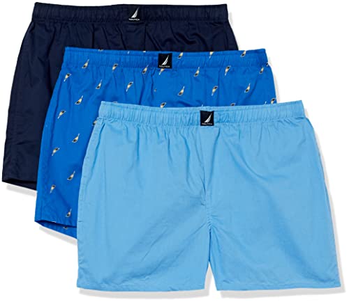 NAUTICA Mens Classic Cotton 3-Pack Woven Boxer, Peacoat/Aero Blue/Sails Outline, Medium
