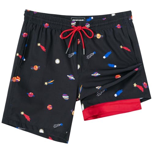 SURF CUZ Mens Swim Trunks with Compression Liner Swim Shorts 7" Swimming Trunks Stretch 7 Inch Swim Suits Quick Dry