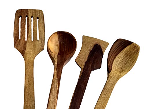 Image of Wooden Cooking and Serving Spoons Non Stick (Set of 7) - Kitchen Tools Utensils SpatulasLadles