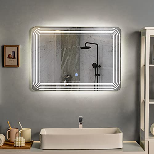 Tangkula Bathroom LED Mirror, Wall Mounted Makeup Vanity Mirror W/Smart Touch Button, Dimming Function & 3 Colors Warm/Cold/Neutral Light, Perfect for Bathroom, Dressing Room, 27.5” x 20”