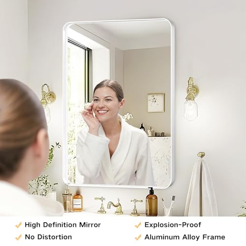 مرآة حمام بإطار معدني مستطيل أبيض لجدار الحمام، مرآة زينة مستطيلة كبيرة بإطار غير لامع للحمام وغرفة المعيشة وديكور المدخل، 40×50 سم