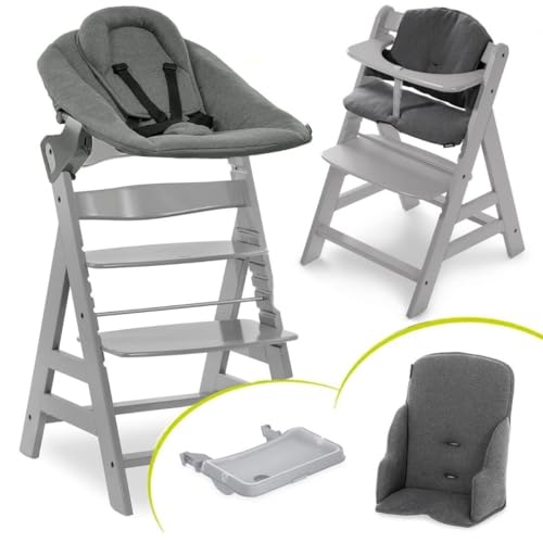 hauck Baby Hochstuhl Alpha+ XXL Set ab Geburt - Premium Neugeborenenaufsatz mit 5-Punkt-Gurt, Tablett und Sitzverkleinerer - Mitwachsender Holz Babystuhl mit Liegefunktion - Grau