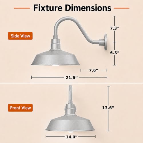 Image of 14in. Galvanized Finish Outdoor Gooseneck Barn Light Fixture with 14.5 in. Long Extension Arm - Wall Sconce Farmhouse, Vintage, Antique Style - UL Listed - 9W 900lm A19 LED Bulb (5000K Cool White)