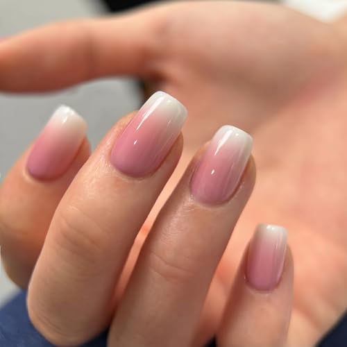 Image of Curvlife Press on Nails Acrylic Fake Nails with Ivory Gradient White Design Full Cover False Nails for Women Reusable Nail Kit with Nail Glue Adhesive Tabs