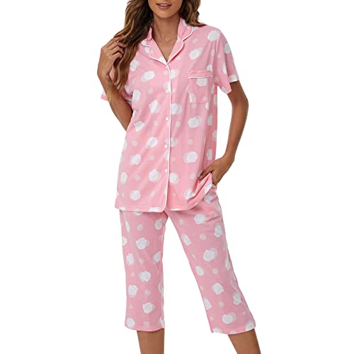Image of Tugege Capri Pajamas Set Womens Button Down Short Sleeve Lounge Sets Sleepwear Notch Collar Top & Capri 2 Piece PJ Sets