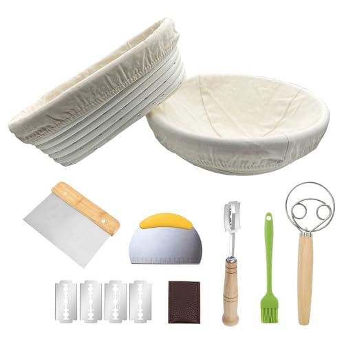 Sourdough Bread Banneton Proofing Baskets Set with Bread Knife and Tools,10 Inch Bread Proofing Basket,Baking Gift Kit, Dough Scraper, Cloth Liner and Brush,Reusable Proofing Basket, Bread Mold Kit B