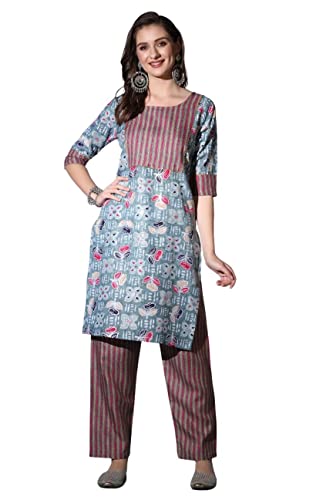Image of DHRUVI TRENDZ Women's Cotton Blend Fancy Kurta Set | Regular Fit Kurti Sets for Woman | Floral Printed Kurta Sets for Woman Daily Outfits | Cotton Ethnic Traditional Straight Kurti Set for Office
