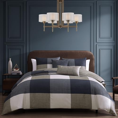 Bebejan Checkered Navy Tan 5 Piece Comforter Set, 100% Cotton