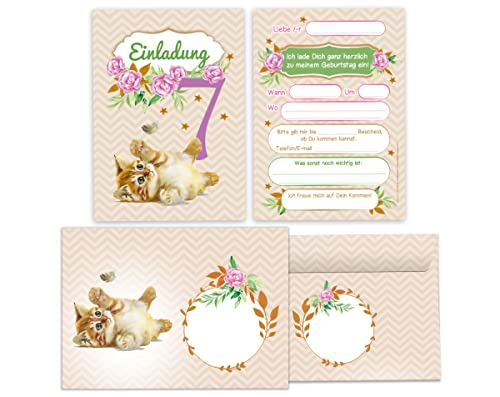 Lot de 12 cartons d'invitation pour 7e anniversaire d'enfant avec 12 enveloppes et 12 sachets Motif chat naturel - Image 3
