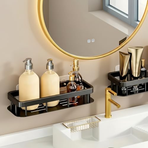 Image of amazon basics Self Adhesive Bathroom Shelf for Wall, Bathroom Organiser Without Drill, Rust Resistant Wall Mounted Bathroom Rack for Shampoo, Soap & Toiletries, Black, Pack of 1