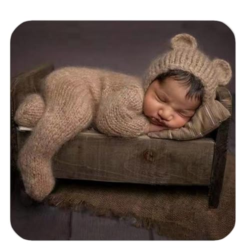 Ederafoto 2Pcs Newborn Photography Props Boy Photo Posing Outfits Baby Photoshoots Costume Girl Crochet Bear Hat Romper (Khaki)