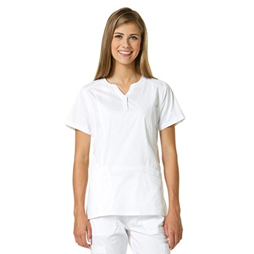 Maven Women's European Y-Neck Multi Pocket Top, White, XS