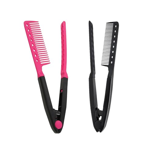 AFIODA V-Shaped Hair Straightening Brushes 2 Pack Anti-Frizz Heat-Resistant Styling Comb for Home & Salon Use (Black Handle Pink Teeth & All Black)
