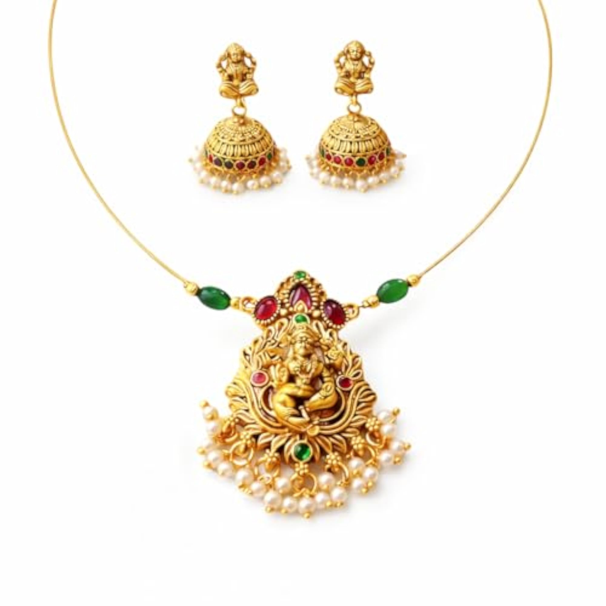 Antique Gold Plated Lakshmi Necklace Set with Jhumka Earrings