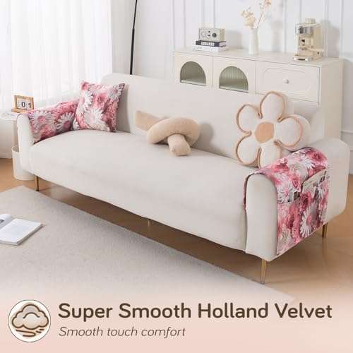 Image of HOKIPO 'Nature Muse' Premium HD Printed Holland Velvet Sofa Armrest Covers with Pockets | 1 Pair | Blush Bouquet (IN-921-L-D6*2)