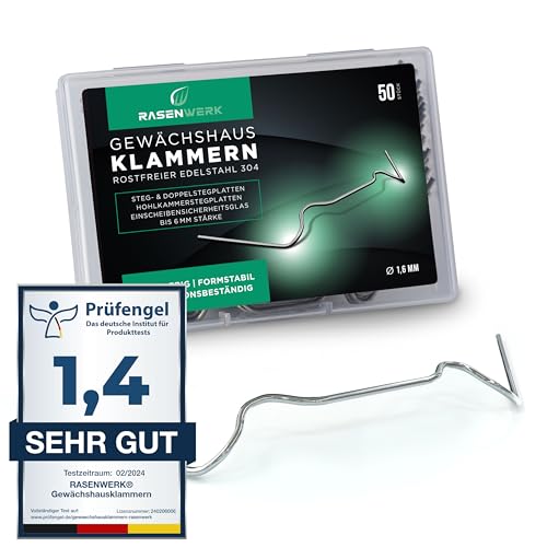 RASENWERK - Gewächshausklammern aus 304 Edelstahl (rostfrei) - 50 Stück - Gewächshausklemmen mit hoher Spannkraft - Montageklammern für Glashaus Gewächshaus Zubehör - 95 x 40 mm - 1 6 mm Dicke