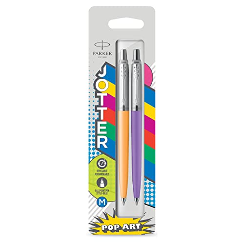 Parker Jotter Originals Ballpoint Pens | Pop Art Collection | Marigold and Frosty Purple with Chrome Trims | Medium Point | Blue Ink | 2 Count