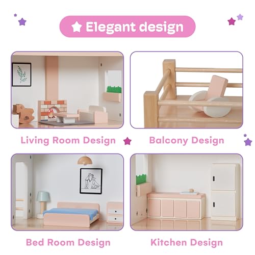 jewelkeeper 2 storey dollhouse wooden - kids pretend play dream house - wooden dollhouse for girls - large wood doll houses playset gift for girl ages 3 and up -157x196 inch