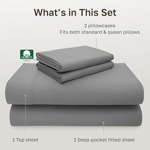 Image of California Design Den - Luxury Full Size Sheet Set - 100% Cotton, 600 Thread Count Deep Pocket Full Size Bed Sheets, Sateen Weave - Mist Grey