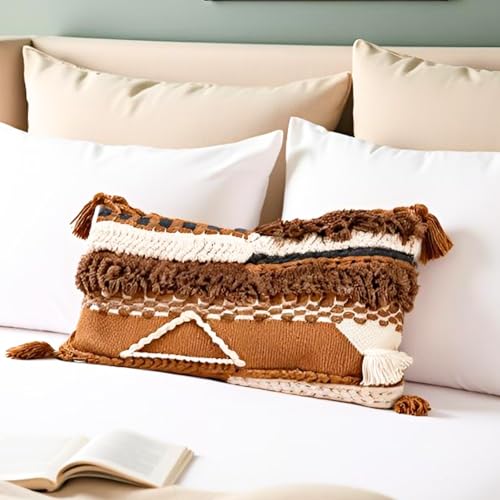 COCO MARKETPLACE Decorative Throw Pillow Cover 12x20 Knitted Lumbar Pillow Tufted Accent with Tassels for Couch Bed Sofa Cotton Wool Woven Boho Handwoven Pillow (Neutral/Earth Tone)